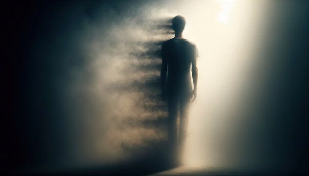 Back view of a person blending into a foggy background, symbolizing detachment