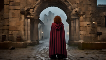 Naklejka premium a mysterious woman in a coat walking through a gate towards a mysterious medieval city