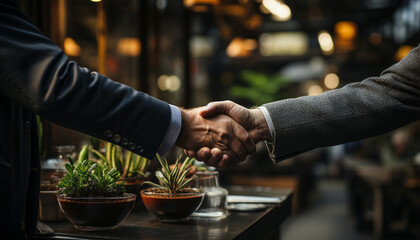 Fototapeta na wymiar Businessmen and businesswoman shaking hands, success in corporate business generated by AI