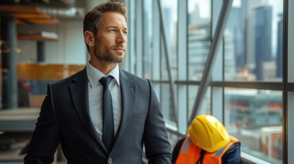 man in a navy blue suit standing in a modern office setting with expansive windows. His gaze is directed towards a work vest and a safety helmet, symbolizing a transition to a blue-collar profession