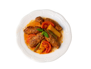 Traditional Homemade Turkish Food Kofte - Kofta with Tomato Sauce and Potatoes. (Turkish name; Izmir kofte)