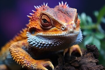 Fototapeta premium A close-up photograph showcasing the vibrant colors and vivid eyes of a lizard, creating an eye-catching image