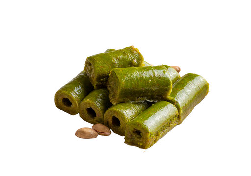 Pistachio baklava. Traditional Middle Eastern Flavors. The local name of Baklava is Fıstıklı Baklava or fıstıklı dolama. Turkish style pistachio baklava presentation and service