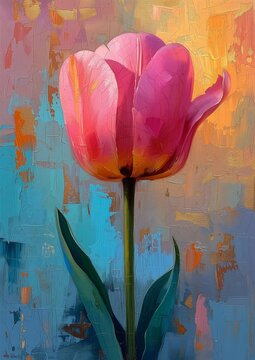 pink tulip flower green stem strong blue orange color tall thin randy bishop oil bright depth blur deity spring portrait