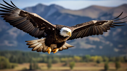 A bald eagle flying through the air with its wings spread