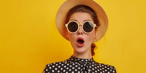  Stylish woman with surprised mysterious expression, looks asdie, wears stylish summer shades, hat and polka dot blouse, isolated over yellow background with copy space for your text.