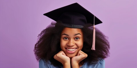 Young African American happy and excited girl wearing graduation cap and ceremony celebrating graduation isolated on lilac background with copy space.