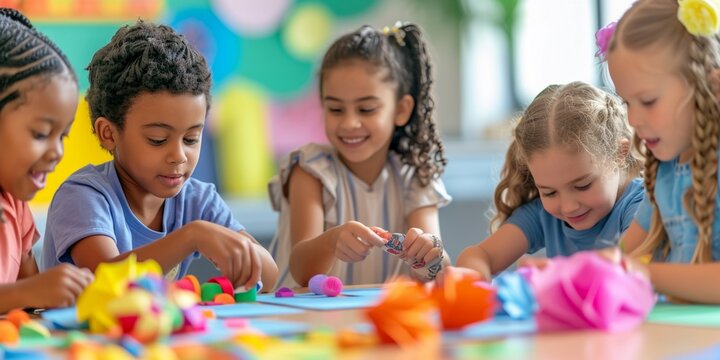 happy kids doing arts and crafts in day care centre, Happy kids doing arts and crafts together.