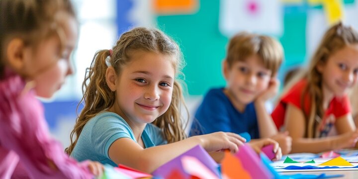 happy kids doing arts and crafts in day care centre, Happy kids doing arts and crafts together.