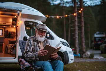 Senior man reading book in front of camper van, on evening time with forest on background, man on pension. - obrazy, fototapety, plakaty