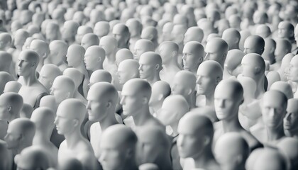 hundreds of inanimate male mannequins side by side, isolated white background
