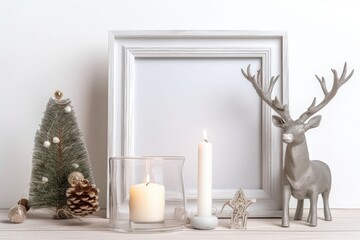 mock up of a frame decorated for Christmas. Christmas composition on a white background with a branch from a fir tree, a deer, a candle, and silver stars. festive winter idea. Template
