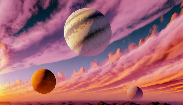 3d vibrant colored background with planets with clouds floating in an infinite ocean