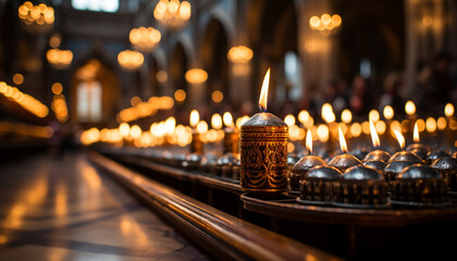 Catholic altar illuminated by candlelight, symbolizing spirituality and faith generated by AI - obrazy, fototapety, plakaty