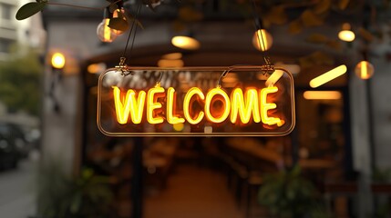 Glowing  welcome  icon as an interactive holographic display in the air, shining brightly.