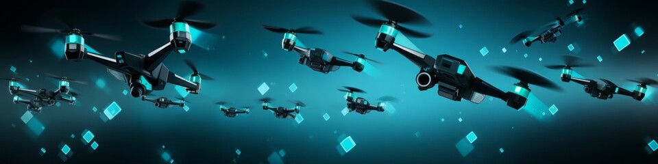 Banner background. Random pattern of drones flying through surreal skies with blurred blue and golden clouds in the background