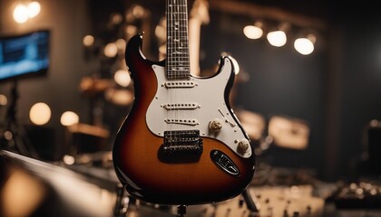 portrait of an electric guitar in a music studio
