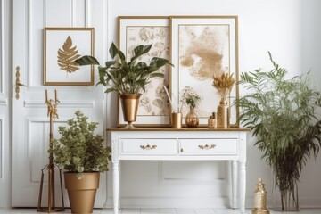 An attractive and retro home interior features a mock up poster frame, an antique cabinet with fine gold accents, and plants in fashionable pots. cozy interior design. a minimalistic idea. Template. A