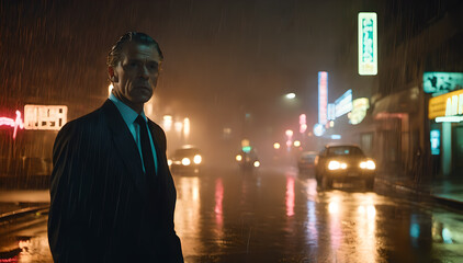 Obraz premium person walking in the city under the rain