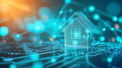 Interactive holographic icons of big shining house buildings floating in the air