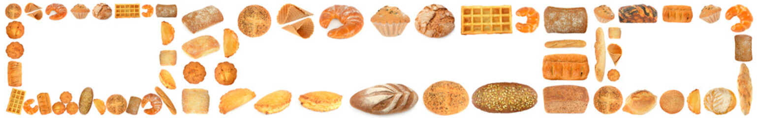 Set of frames of baked bread products isolated on white