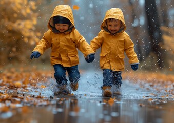 two little kids yellow raincoats playing rain autumn color city twins portrait characters walk cute animals blue liquid snow interconnections walking away golden - obrazy, fototapety, plakaty