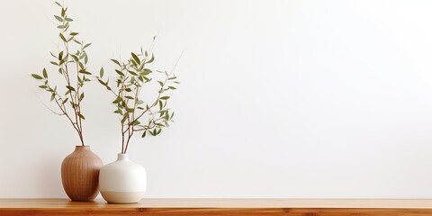 Modern living room interior with eucalyptus vase and bamboo jewelry box on wooden table against white wall.