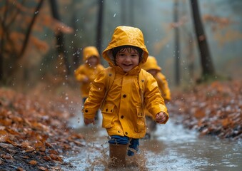 two children yellow raincoats playing puddle morgan light coat cute families forest fun travelers