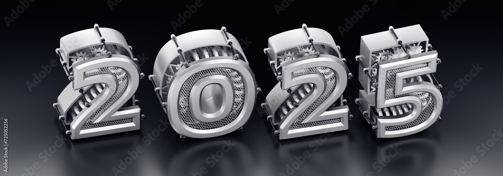 Poster the new technological year of 2025. designed in modern steampunk style a row of 3d digits, which are