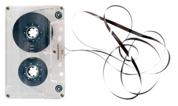 Audio cassette with unrolled tape on isolated background.