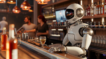 AI robot bartender stands behind bar with shelves of liquor and glasses, serving drink, in warmly lit setting.