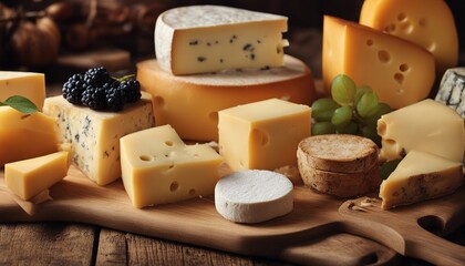 various types of cheese on wooden background
