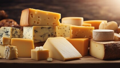 various types of cheese on wooden background
