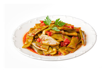 Traditional delicious Turkish food; Green beans with olive oil; Turkish name; Zeytinyagli taze fasulye