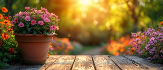 potted plant wooden table middle garden bright daylight sun foreground focus colored flowers stray wood planks profile anomalous object upbeat - obrazy, fototapety, plakaty
