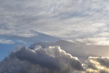 Fototapeta na wymiar Morning blue sky with fluffy cloud. Sunlight sky. Dramatic stormy cloudy sky. Beautiful nature. 