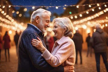Happy smiling old couple dancing on the street at night, beautiful bokeh lights, romantic cozy environment. Marriage, anniversary celebration, Valentine's day