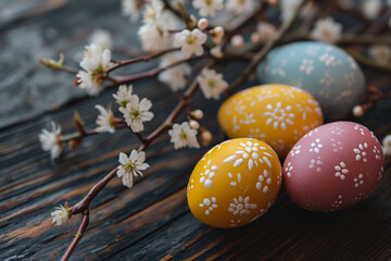 Colorfully painted Easter eggs with flowers on branches rest on dark wood. This image is steeped in the festive spirit of the celebration, featured in seasonal decorating guides.