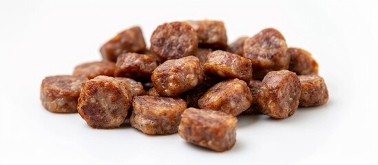 Sausage bits fried and set on a white background.