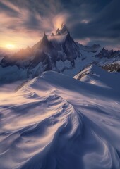 snowy mountain sun setting behind phenomenal north pole diffuse magic ice blizzard chilean foreground morals dynamic closeup early dawn - obrazy, fototapety, plakaty
