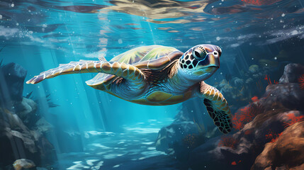 Fototapeta premium A green sea turtle swimming in the ocean