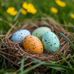 Naklejka na ściany i meble Vibrantly speckled Easter eggs nestled in a natural nest among green grass and yellow flowers depict the lively essence of spring celebrations, beauty of spring in editorial content