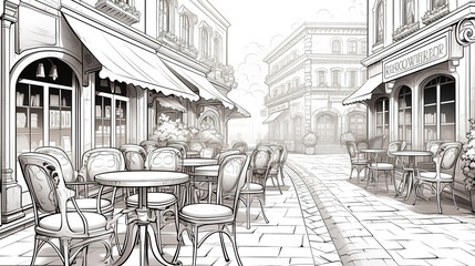 Street cafe with tables and chairs in the old European town. Sketch illustration for coloring book.