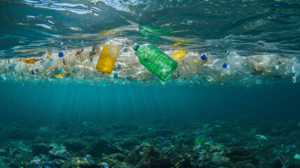 Naklejka na ściany i meble Plastic waste in the sea, environmental problem