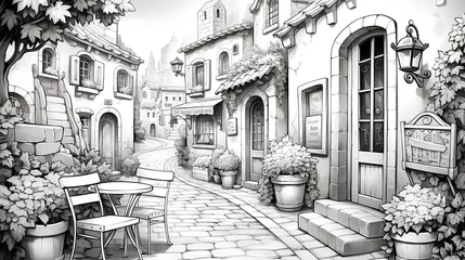 Rolgordijnen A street in the old European town. Sketch illustration for coloring book. © milicenta