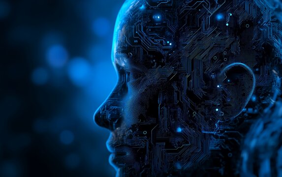 womans face circuit board background banner fractal automaton man robot head saints parallelism sleek metal brain visible river flowing beside terminals