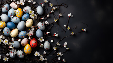 Easter eggs and flowers on black background. Top view with copy space. Greeting card on an Easter theme. Happy Easter concept.
