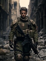 Fototapeta premium Portrait of a young soldier with assault rifle in an abandoned building