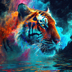 Portrait of Tiger in Water with with Rainbow Swirl Colored Smoke Effect