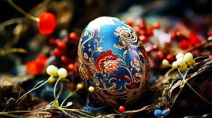 Colorful easter eggs and spring flowers on a dark blue background. Selective focus. Greeting card on an Easter theme. Happy Easter concept.
